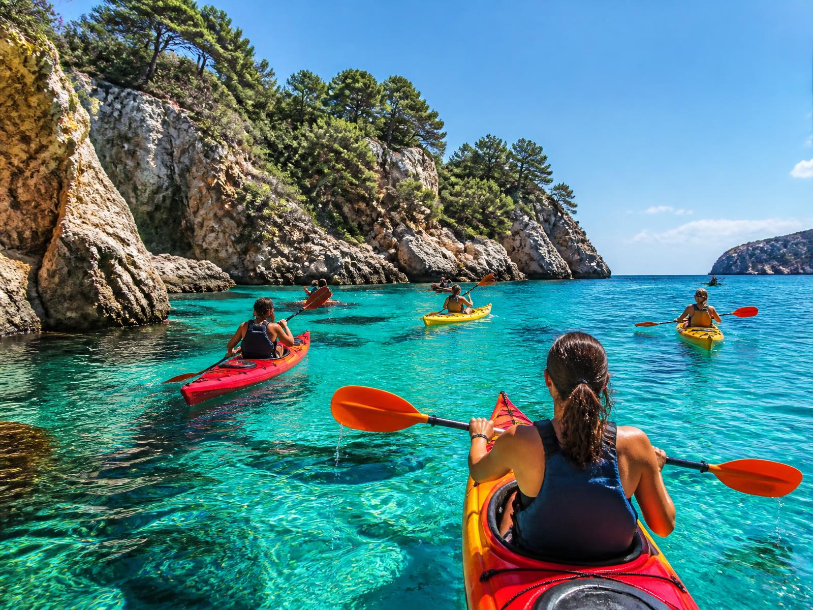 Kajakpaddling i en turkos vik på Mallorca