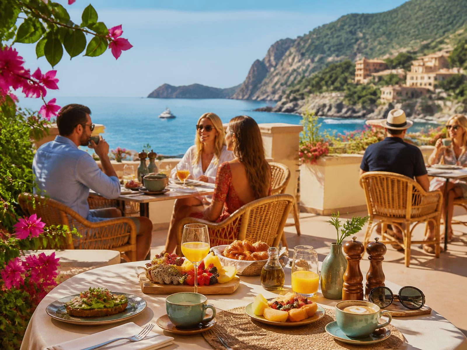 Frukost på en solig terrass med havsutsikt på Mallorca